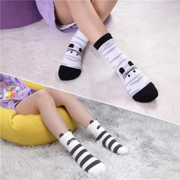 6 Pairs, Kids Fuzzy Socks with Grips Non Slip Fluffy Winter Warm Crew Socks - Picture 2 of 6